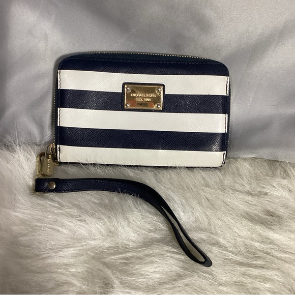 Michael Kors Handbags - Michael Kors Blue/ White Striped Zip Around Clutch Wristlet Wallet